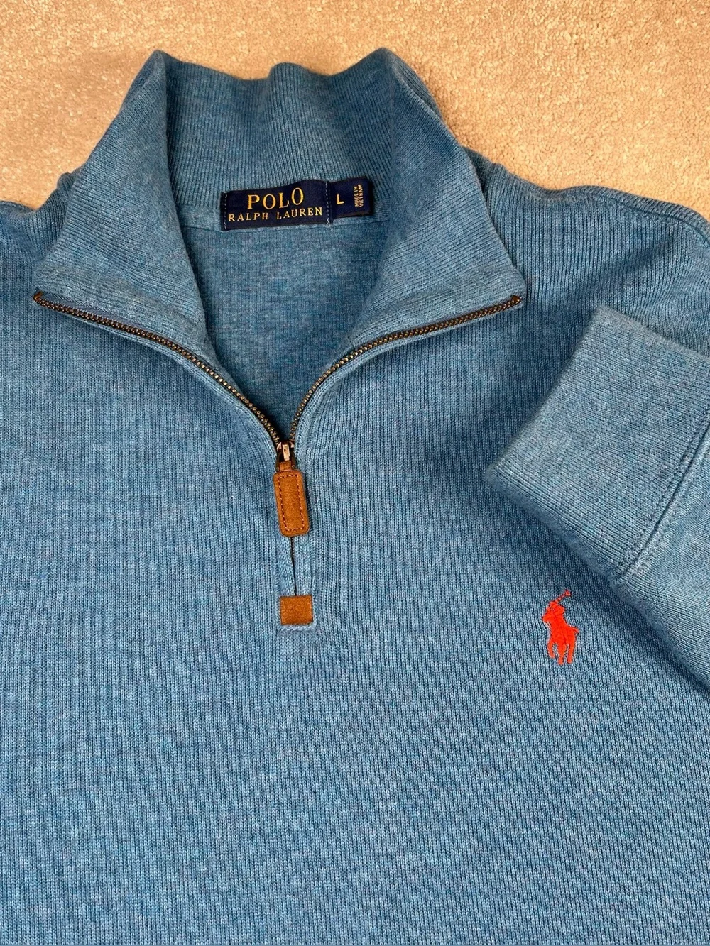 Polo Ralph Lauren Sweater Quarter Zip Blue Orange Pony Pullover Cotton Men's Lg